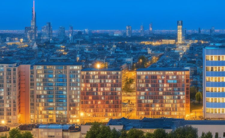 Helles, stimmungsvolles Editorial-Foto eines modernen Rechenzentrums im urbanen Frankfurter Umfeld bei sanftem Tageslicht, das durch große Panoramafenster flutet, mit Fokus auf technische Details wie Serverracks und Kabelbündel, während im Hintergrund die Silhouette der Mainmetropole warm leuchtend zu erkennen ist und so die Spannung zwischen digitalem Fortschritt und Energieherausforderung eindrucksvoll vermittelt wird.