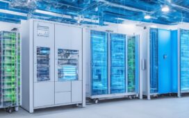 Ein hell erleuchteter, moderner Serverraum mit sanftem Tageslicht, in dem konzentrierte Techniker entspannt zusammenarbeiten und an transparenten Bildschirmen zukunftsweisende Energiesparlösungen für KI-Systeme entwickeln, während warme Farbtöne eine positive und verantwortungsbewusste Stimmung erzeugen.