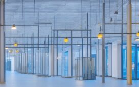 Ein sonnendurchflutetes modernes Rechenzentrum mit gläsernen Fassaden, in dem fokussierte Technikerinnen und Techniker angesichts leuchtender Serverreihen engagiert zusammenarbeiten, während warme Tageslichtstrahlen eine Atmosphäre von Innovation, Fortschritt und verantwortungsvollem Zukunftsgestalten schaffen.