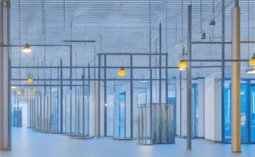 Ein sonnendurchflutetes modernes Rechenzentrum mit gläsernen Fassaden, in dem fokussierte Technikerinnen und Techniker angesichts leuchtender Serverreihen engagiert zusammenarbeiten, während warme Tageslichtstrahlen eine Atmosphäre von Innovation, Fortschritt und verantwortungsvollem Zukunftsgestalten schaffen.