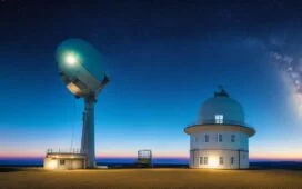 Ein strahlend sonnendurchflutetes Observatorium mit technisch moderner Satellitenantenne vor klarem Himmel, umgeben von sanft grünen Landschaften und einem leicht warmen Licht, das Hoffnung und Fortschritt in der präzisen Erdvermessung symbolisiert.