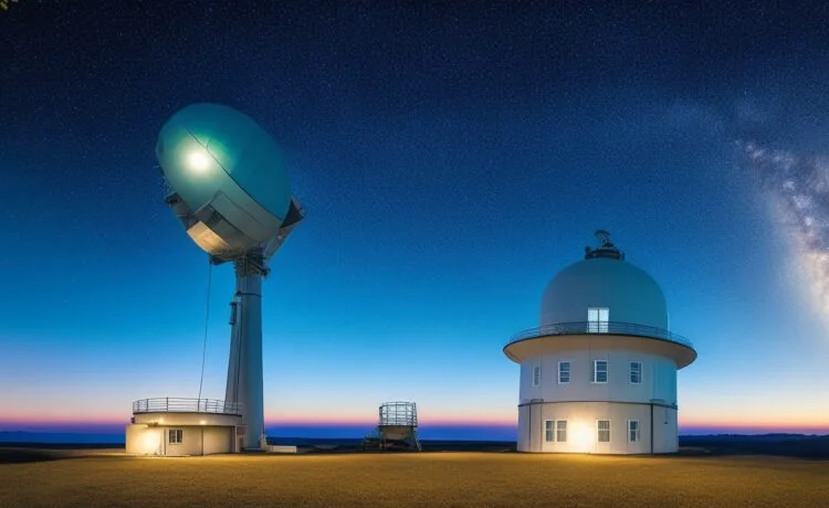Ein strahlend sonnendurchflutetes Observatorium mit technisch moderner Satellitenantenne vor klarem Himmel, umgeben von sanft grünen Landschaften und einem leicht warmen Licht, das Hoffnung und Fortschritt in der präzisen Erdvermessung symbolisiert.