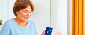 Eine warme, helle Redaktionsaufnahme zeigt eine entspannte Frau mittleren Alters an ihrem modernen Schreibtisch, die mit konzentriertem, aber zuversichtlichem Blick ein Smartphone in der Hand hält, umgeben von sanftem Tageslicht, das eine Atmosphäre von Wachsamkeit, Sicherheit und positiver Selbstbestimmung ausstrahlt.