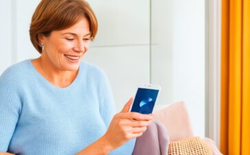 Eine warme, helle Redaktionsaufnahme zeigt eine entspannte Frau mittleren Alters an ihrem modernen Schreibtisch, die mit konzentriertem, aber zuversichtlichem Blick ein Smartphone in der Hand hält, umgeben von sanftem Tageslicht, das eine Atmosphäre von Wachsamkeit, Sicherheit und positiver Selbstbestimmung ausstrahlt.