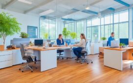Eine lebendige, sonnendurchflutete Szene zeigt ein modernes, offenes Büro mit einem lächelnden Designerteam in heller Kleidung, das konzentriert an Laptops und großen Bildschirmen kollaboriert, während natürliche Tageslichtstrahlen die freundliche, kreative Arbeitsatmosphäre betonen.