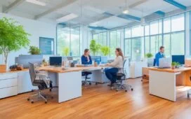 Eine lebendige, sonnendurchflutete Szene zeigt ein modernes, offenes Büro mit einem lächelnden Designerteam in heller Kleidung, das konzentriert an Laptops und großen Bildschirmen kollaboriert, während natürliche Tageslichtstrahlen die freundliche, kreative Arbeitsatmosphäre betonen.
