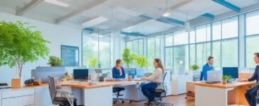 Eine lebendige, sonnendurchflutete Szene zeigt ein modernes, offenes Büro mit einem lächelnden Designerteam in heller Kleidung, das konzentriert an Laptops und großen Bildschirmen kollaboriert, während natürliche Tageslichtstrahlen die freundliche, kreative Arbeitsatmosphäre betonen.
