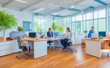 Eine lebendige, sonnendurchflutete Szene zeigt ein modernes, offenes Büro mit einem lächelnden Designerteam in heller Kleidung, das konzentriert an Laptops und großen Bildschirmen kollaboriert, während natürliche Tageslichtstrahlen die freundliche, kreative Arbeitsatmosphäre betonen.