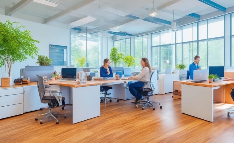 Eine lebendige, sonnendurchflutete Szene zeigt ein modernes, offenes Büro mit einem lächelnden Designerteam in heller Kleidung, das konzentriert an Laptops und großen Bildschirmen kollaboriert, während natürliche Tageslichtstrahlen die freundliche, kreative Arbeitsatmosphäre betonen.