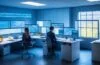In einem hell erleuchteten, modernen Büro sitzt eine nachdenkliche junge Frau vor einem transparenten Bildschirm, auf dem schematische Datenströme und ethische Symbole leicht erkennbar sind, während warme Sonnenstrahlen durch große Fenster fallen und eine Atmosphäre von verantwortungsbewusster Innovation und reflektierter Technologie schaffen.