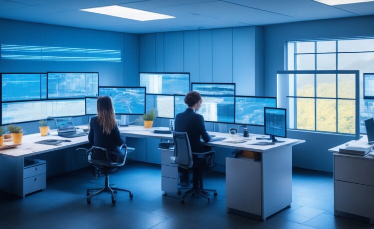 In einem hell erleuchteten, modernen Büro sitzt eine nachdenkliche junge Frau vor einem transparenten Bildschirm, auf dem schematische Datenströme und ethische Symbole leicht erkennbar sind, während warme Sonnenstrahlen durch große Fenster fallen und eine Atmosphäre von verantwortungsbewusster Innovation und reflektierter Technologie schaffen.