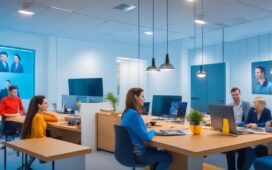 Ein hell erleuchtetes Szenario in einem modernen Büro, in dem eine diverse Gruppe engagierter Menschen um einen Tisch versammelt ist, konzentriert diskutiert und auf Bildschirme mit digitalen Portraits blickt, während warmes Tageslicht durch große Fenster fällt und eine Atmosphäre von Zusammenarbeit und zukunftsorientierter Verantwortung schafft.