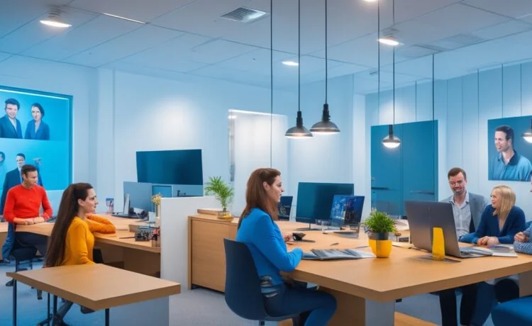 Ein hell erleuchtetes Szenario in einem modernen Büro, in dem eine diverse Gruppe engagierter Menschen um einen Tisch versammelt ist, konzentriert diskutiert und auf Bildschirme mit digitalen Portraits blickt, während warmes Tageslicht durch große Fenster fällt und eine Atmosphäre von Zusammenarbeit und zukunftsorientierter Verantwortung schafft.