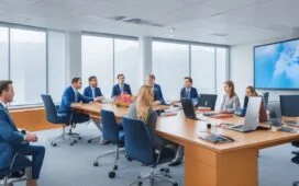 In einem sonnendurchfluteten modernen Büro lächeln diverse Fachleute unterschiedlicher Herkunft bei der gemeinsamen Besprechung an einem großen Bildschirm, der abstrakt eine leuchtende Darstellung von Sprachmodellen und Datenflüssen zeigt – ein harmonisches Bild technologischer Zusammenarbeit und transparenter Innovation in der KI-Branche.