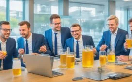 Ein strahlend helles, urbanes Büro mit sonnenbeschienenen Fenstern, in dem ein vielfältiges Team europäischer Bank- und FinTech-Experten lebhaft an einem digitalen Zahlungsprojekt arbeitet, lebendig und warm eingefangen in natürlichem Licht, das Zusammenarbeit und zukunftsorientierte Innovation ausstrahlt.