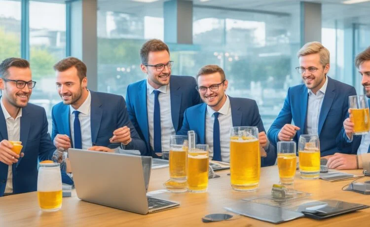 Ein strahlend helles, urbanes Büro mit sonnenbeschienenen Fenstern, in dem ein vielfältiges Team europäischer Bank- und FinTech-Experten lebhaft an einem digitalen Zahlungsprojekt arbeitet, lebendig und warm eingefangen in natürlichem Licht, das Zusammenarbeit und zukunftsorientierte Innovation ausstrahlt.
