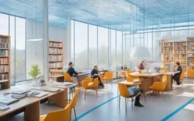 Ein sonnendurchfluteter, moderner Bibliotheksraum mit lächelnden Menschen, die lebhaft an Tablets und Buchregalen arbeiten, während sanftes Tageslicht die warme, einladende Atmosphäre einer im Fluss befindlichen digitalen Vernetzung und ereignisorientierten Zusammenarbeit symbolisiert.