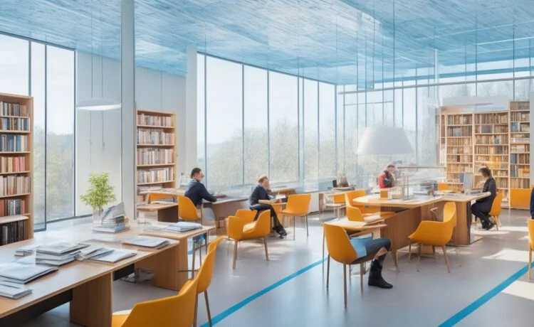 Ein sonnendurchfluteter, moderner Bibliotheksraum mit lächelnden Menschen, die lebhaft an Tablets und Buchregalen arbeiten, während sanftes Tageslicht die warme, einladende Atmosphäre einer im Fluss befindlichen digitalen Vernetzung und ereignisorientierten Zusammenarbeit symbolisiert.