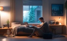 Eine helle, warm beleuchtete Aufnahme eines nachdenklichen jungen Mannes am Laptop in einem modern eingerichteten, gemütlichen Wohnzimmer, der aufmerksam auf den Bildschirm schaut und so die stille Herausforderung und Verletzlichkeit im Umgang mit Fake-Profilen in Sozialen Medien eindrucksvoll einfängt.