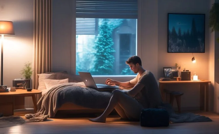 Eine helle, warm beleuchtete Aufnahme eines nachdenklichen jungen Mannes am Laptop in einem modern eingerichteten, gemütlichen Wohnzimmer, der aufmerksam auf den Bildschirm schaut und so die stille Herausforderung und Verletzlichkeit im Umgang mit Fake-Profilen in Sozialen Medien eindrucksvoll einfängt.
