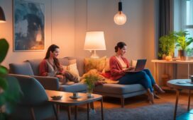 Eine helle, warm ausgeleuchtete Szene in einem modernen Wohnzimmer, in der eine entspannt lächelnde Person am Laptop sitzt und aufmerksam ihre Online-Banking-App überprüft, während im Hintergrund sanft Sonnenlicht durch das Fenster fällt und eine vertraute Atmosphäre von Sicherheit und digitaler Achtsamkeit schafft.