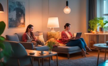 Eine helle, warm ausgeleuchtete Szene in einem modernen Wohnzimmer, in der eine entspannt lächelnde Person am Laptop sitzt und aufmerksam ihre Online-Banking-App überprüft, während im Hintergrund sanft Sonnenlicht durch das Fenster fällt und eine vertraute Atmosphäre von Sicherheit und digitaler Achtsamkeit schafft.