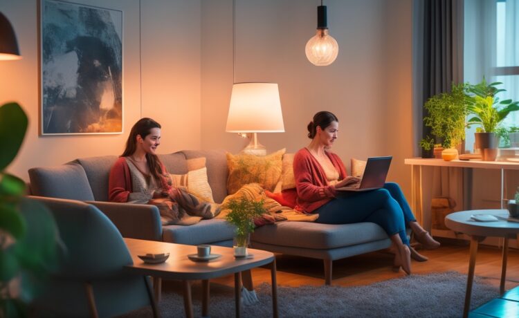 Eine helle, warm ausgeleuchtete Szene in einem modernen Wohnzimmer, in der eine entspannt lächelnde Person am Laptop sitzt und aufmerksam ihre Online-Banking-App überprüft, während im Hintergrund sanft Sonnenlicht durch das Fenster fällt und eine vertraute Atmosphäre von Sicherheit und digitaler Achtsamkeit schafft.