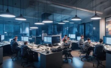 Ein hell erleuchteter, moderner Arbeitsplatz mit einem internationalen Designteam, das konzentriert und lächelnd an großen Bildschirmen mit Echtzeit-Collaboration arbeitet, umgeben von warmem Tageslicht und einer Atmosphäre kreativer Zusammenarbeit.