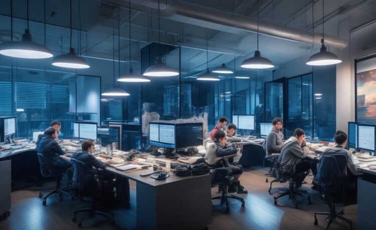 Ein hell erleuchteter, moderner Arbeitsplatz mit einem internationalen Designteam, das konzentriert und lächelnd an großen Bildschirmen mit Echtzeit-Collaboration arbeitet, umgeben von warmem Tageslicht und einer Atmosphäre kreativer Zusammenarbeit.