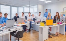 Ein modernes, lichtdurchflutetes Büro mit einem freundlichen Team aus Designern und Entwicklern, die gemeinsam an hellen Bildschirmen mit webbasierten Design-Tools arbeiten und dabei lebhaft Ideen austauschen – eine warme, einladende Atmosphäre voller Kreativität und digitaler Zusammenarbeit.