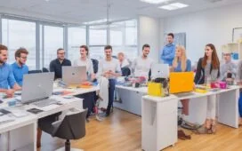 Ein modernes, lichtdurchflutetes Büro mit einem freundlichen Team aus Designern und Entwicklern, die gemeinsam an hellen Bildschirmen mit webbasierten Design-Tools arbeiten und dabei lebhaft Ideen austauschen – eine warme, einladende Atmosphäre voller Kreativität und digitaler Zusammenarbeit.