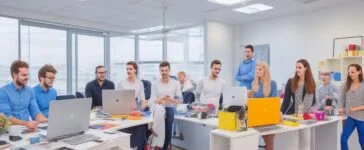 Ein modernes, lichtdurchflutetes Büro mit einem freundlichen Team aus Designern und Entwicklern, die gemeinsam an hellen Bildschirmen mit webbasierten Design-Tools arbeiten und dabei lebhaft Ideen austauschen – eine warme, einladende Atmosphäre voller Kreativität und digitaler Zusammenarbeit.