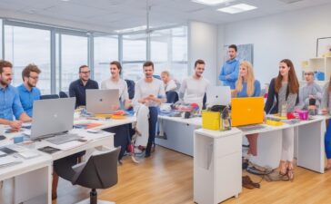 Ein modernes, lichtdurchflutetes Büro mit einem freundlichen Team aus Designern und Entwicklern, die gemeinsam an hellen Bildschirmen mit webbasierten Design-Tools arbeiten und dabei lebhaft Ideen austauschen – eine warme, einladende Atmosphäre voller Kreativität und digitaler Zusammenarbeit.