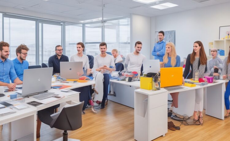 Ein modernes, lichtdurchflutetes Büro mit einem freundlichen Team aus Designern und Entwicklern, die gemeinsam an hellen Bildschirmen mit webbasierten Design-Tools arbeiten und dabei lebhaft Ideen austauschen – eine warme, einladende Atmosphäre voller Kreativität und digitaler Zusammenarbeit.