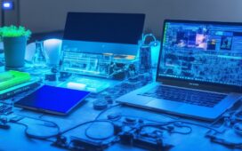 Ein hell erleuchteter Arbeitsplatz mit einem modernen Laptop im Fokus, umgeben von technischen Gadgets und einer freundlichen Person, die konzentriert und selbstbewusst an Firmware-Sicherheitsupdates arbeitet, während warmes Tageslicht durchs Fenster fällt und eine Atmosphäre von Vertrauen und digitaler Vorsorge schafft.