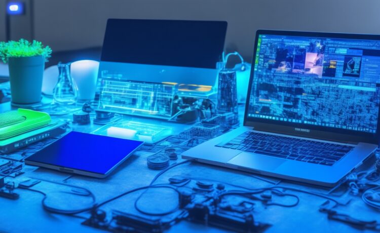 Ein hell erleuchteter Arbeitsplatz mit einem modernen Laptop im Fokus, umgeben von technischen Gadgets und einer freundlichen Person, die konzentriert und selbstbewusst an Firmware-Sicherheitsupdates arbeitet, während warmes Tageslicht durchs Fenster fällt und eine Atmosphäre von Vertrauen und digitaler Vorsorge schafft.
