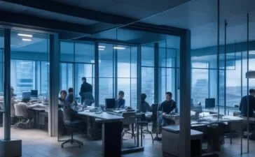 In einem hell erleuchteten, modernen Büro sitzen zwei junge Menschen entspannt an einem großen Fensterplatz, ihre Blicke treffen sich in einem offenen, warmen Austausch voller Neugier und feiner Zwischentöne, während sanftes Tageslicht ihre freundlichen Gesichter und die feinen Details der Umgebung lebendig hervorhebt.