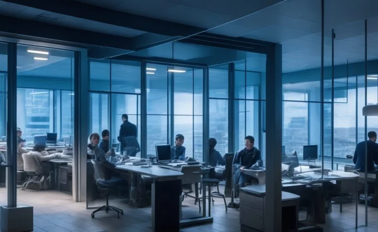 In einem hell erleuchteten, modernen Büro sitzen zwei junge Menschen entspannt an einem großen Fensterplatz, ihre Blicke treffen sich in einem offenen, warmen Austausch voller Neugier und feiner Zwischentöne, während sanftes Tageslicht ihre freundlichen Gesichter und die feinen Details der Umgebung lebendig hervorhebt.