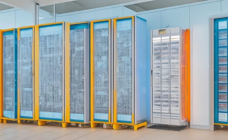 Eine dynamische Szene in einem modern ausgestatteten Rechenzentrum: Eine selbstbewusste Frau mittleren Alters steht lächelnd zwischen leuchtenden Serverracks, während das warme Tageslicht sanft durch große Fenster fällt und ihre engagierte Präsenz als unsichtbare Schlüsselkraft der digitalen Zukunft strahlt.