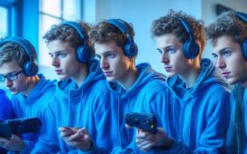 Ein warm beleuchtetes, natürlich wirkendes Editorial-Foto zeigt eine junge, freundliche Gruppe von Gamer:innen, die entspannt mit modernen Headsets um eine stylische Nintendo Switch 2 Konsole versammelt sind und lebhaft in einem lebendigen, heimischen Wohnzimmer-Setting miteinander kommunizieren, während sanftes Tageslicht die Szene freundlich und einladend durchflutet.