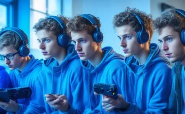 Ein warm beleuchtetes, natürlich wirkendes Editorial-Foto zeigt eine junge, freundliche Gruppe von Gamer:innen, die entspannt mit modernen Headsets um eine stylische Nintendo Switch 2 Konsole versammelt sind und lebhaft in einem lebendigen, heimischen Wohnzimmer-Setting miteinander kommunizieren, während sanftes Tageslicht die Szene freundlich und einladend durchflutet.