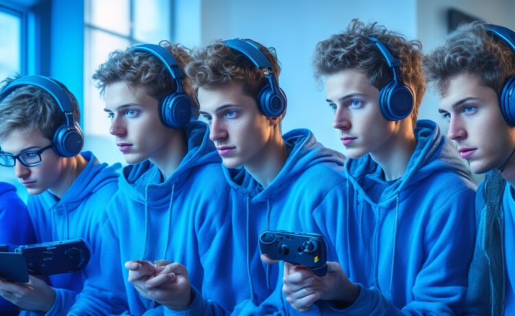 Ein warm beleuchtetes, natürlich wirkendes Editorial-Foto zeigt eine junge, freundliche Gruppe von Gamer:innen, die entspannt mit modernen Headsets um eine stylische Nintendo Switch 2 Konsole versammelt sind und lebhaft in einem lebendigen, heimischen Wohnzimmer-Setting miteinander kommunizieren, während sanftes Tageslicht die Szene freundlich und einladend durchflutet.