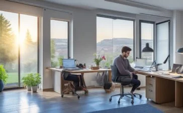 Ein lichtdurchfluteter, moderner Homeoffice-Arbeitsplatz mit freundlichen jungen Menschen, die konzentriert an Laptops und Monitoren zusammenspielen, während warme Sonnenstrahlen durch große Fenster fallen und so eine Atmosphäre von digitaler Teamarbeit, Kommunikationsfreude und innovativem Remote-Recruiting schaffen.