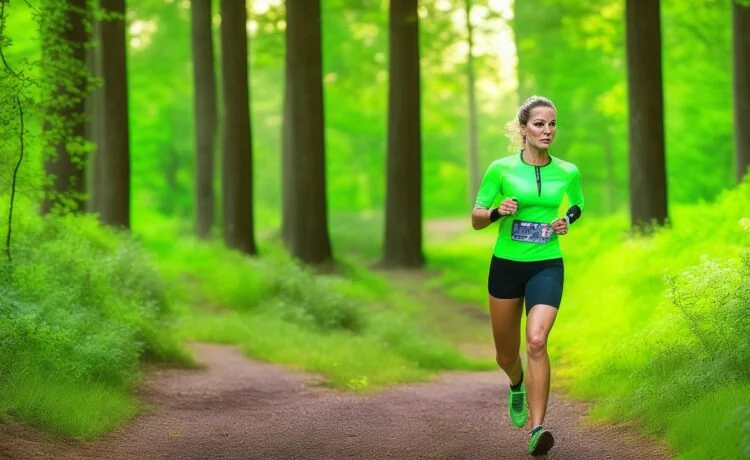Eine sonnendurchflutete Nahaufnahme einer sportlichen Frau, die mit einem strahlenden Lächeln und der eleganten Garmin Fenix 8 am Handgelenk auf einem grünen Waldweg joggt, während sanfte Morgenlichtstrahlen ihre Energie und die Hightech-Multisportuhr in natürlicher Klarheit hervorheben.