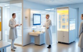 Ein warm beleuchtetes, modernes Labor mit einer konzentrierten Forscherin, die liebevoll ein futuristisches, kleines Hirn-Computer-Interface an einem entspannten Patienten anlegt, während natürliches Tageslicht durch große Fenster fällt und eine hoffnungsvolle, freundliche Atmosphäre voller Zuversicht und menschlicher Nähe schafft.