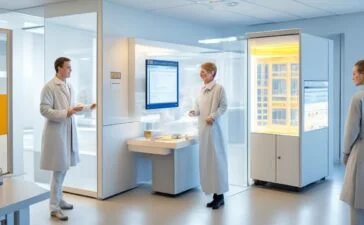 Ein warm beleuchtetes, modernes Labor mit einer konzentrierten Forscherin, die liebevoll ein futuristisches, kleines Hirn-Computer-Interface an einem entspannten Patienten anlegt, während natürliches Tageslicht durch große Fenster fällt und eine hoffnungsvolle, freundliche Atmosphäre voller Zuversicht und menschlicher Nähe schafft.