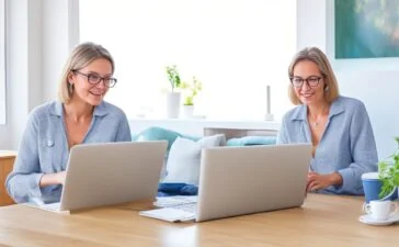 Eine freundliche, sonnendurchflutete Szene in einem modernen Wohnzimmer, in dem eine attraktive Frau entspannt an einem Laptop arbeitet, während sie aufmerksam auf eine auf dem Bildschirm geöffnete Banking-Website blickt, umgeben von warmen Holztönen und lebendig grünen Zimmerpflanzen, die Sicherheit und Achtsamkeit im digitalen Alltag symbolisieren.