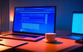 Ein hell erleuchteter, moderner Arbeitsplatz mit einem geöffneten Dell-Laptop im Fokus, auf dessen Bildschirm ein komplexer Code zu sehen ist, während eine hand schützend auf der Tastatur ruht und sanftes Tageslicht die Szene warm und einladend umhüllt, symbolisiert die sensible Balance zwischen Technologie, Sicherheit und verantwortungsbewusstem Umgang.