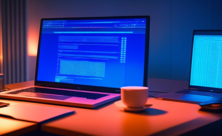 Ein hell erleuchteter, moderner Arbeitsplatz mit einem geöffneten Dell-Laptop im Fokus, auf dessen Bildschirm ein komplexer Code zu sehen ist, während eine hand schützend auf der Tastatur ruht und sanftes Tageslicht die Szene warm und einladend umhüllt, symbolisiert die sensible Balance zwischen Technologie, Sicherheit und verantwortungsbewusstem Umgang.