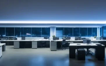 Ein hell erleuchtetes modernes Büro mit konzentriert lächelnden IT-Sicherheitsexperten vor mehreren Bildschirmen, die in natürlichem Tageslicht arbeiten und eine Atmosphäre von Vertrauen, Wachsamkeit und Gemeinschaft schaffen.